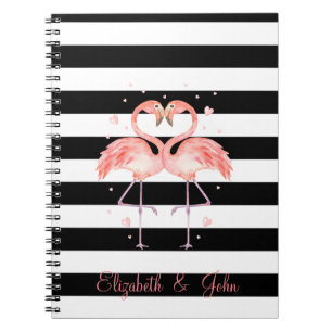 Cute Flamingos In Love,Black White Stripes Notebook