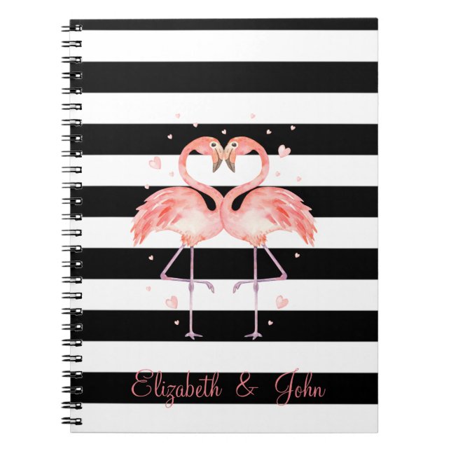 Cute Flamingos In Love,Black White Stripes   Notebook (Front)