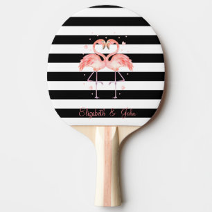 Cute Flamingos In Love,Black White Stripes Ping Pong Paddle