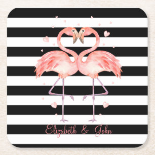 Cute Flamingos In Love ,Black White Stripes Square Paper Coaster