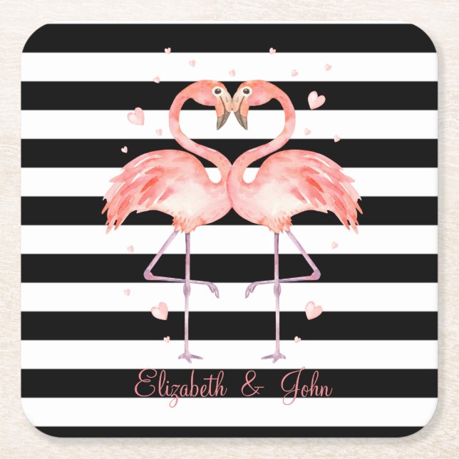 Cute Flamingos In Love ,Black White Stripes Square Paper Coaster (Front)