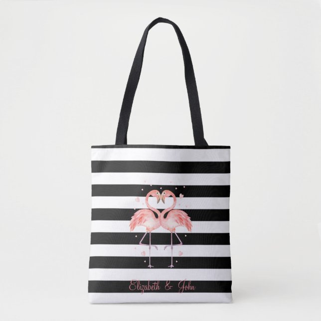 Cute Flamingos In Love,Black White Stripes Tote Bag (Front)