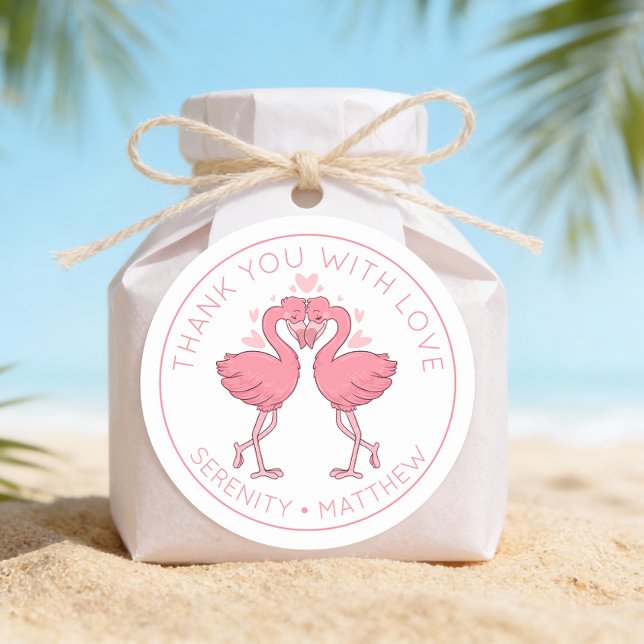 Cute Flamingos Tropical Beach Wedding Thank You Classic Round Sticker (Creator Uploaded)
