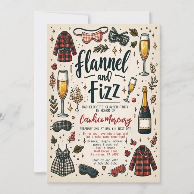 Cute Flannel and Fizz Slumber Bachelorette Party Invitation (Front)