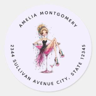 Cute Flirty Girl in a Martini Glass - Address Classic Round Sticker