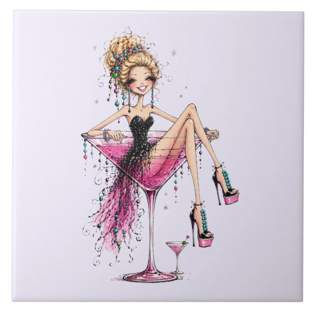 Cute Flirty Lady in a Martini Glass Ceramic Tile (Front)