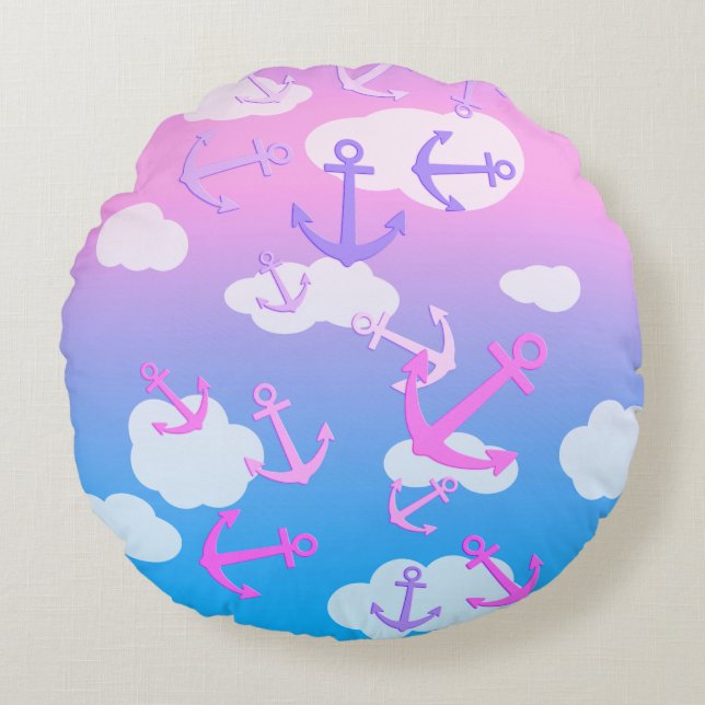 Cute Floating Anchors Coloful Pastel Children's Round Cushion (Front)