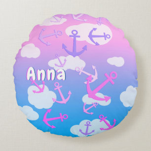 Cute Floating Anchors Custom Name Children's Round Cushion
