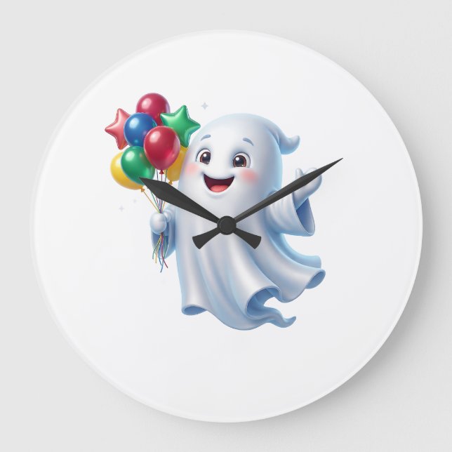 Cute Floating Ghost with Balloons Halloween Large Clock (Front)