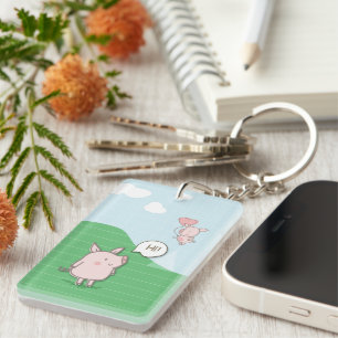 Cute Floating Pig Saying Hi Key Ring