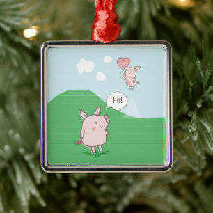 Cute Floating Pig Saying Hi Metal Ornament