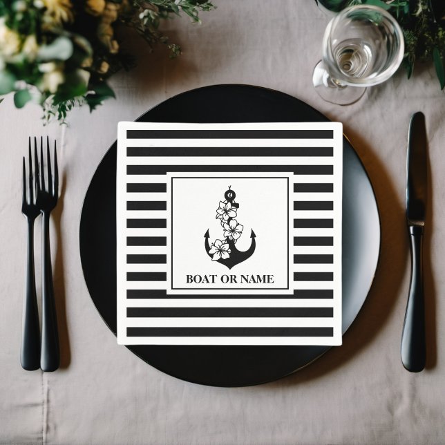 Cute Floral Anchor Custom Boat Or Name Black White Napkin (Creator Uploaded)