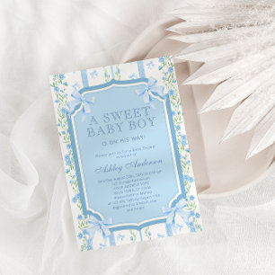 Cute Floral and Bow Boy Baby Shower Invitation