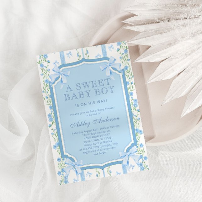 Cute Floral and Bow Boy Baby Shower Invitation (Creator Uploaded)