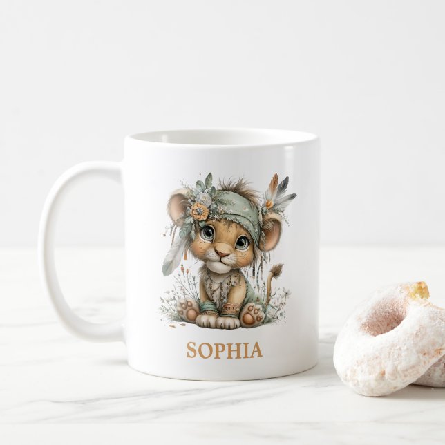 Cute Floral Baby Lion Wild One 1st Birthday Coffee Mug (With Donut)