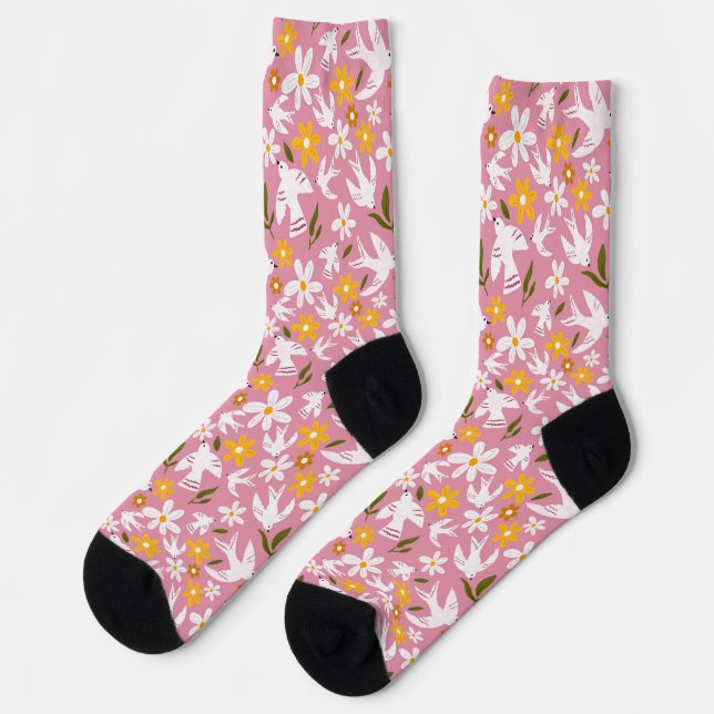 Cute Floral Bird Seamless Pattern Socks (Left)