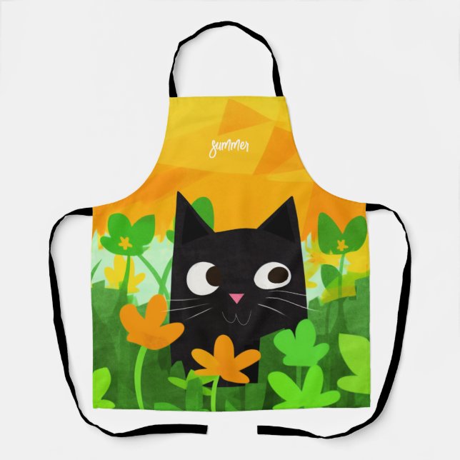 Cute Floral Black Cat Apron for Cat Lovers (Front)