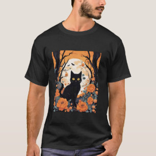 Cute Floral Black Cat In The Forest Halloween Spoo T-Shirt