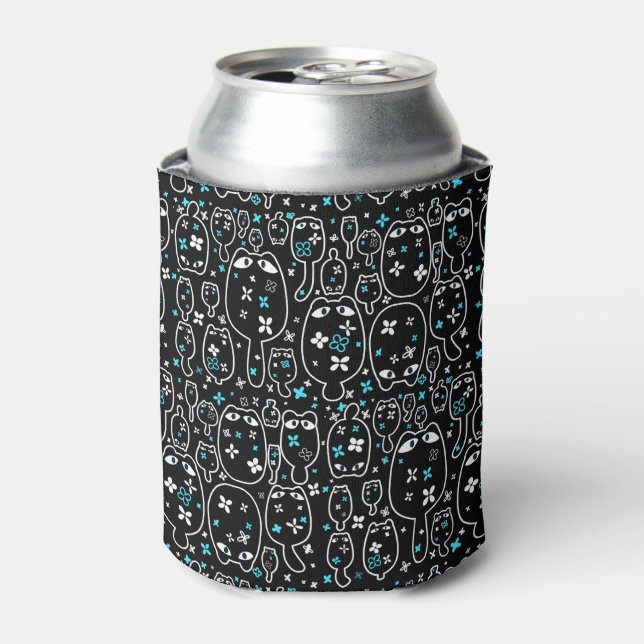 Cute Floral Black Cat Pattern Can Cooler (Can Front)