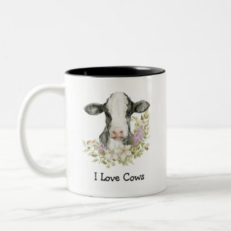 Cute Floral Black Cow Two-Tone Coffee Mug