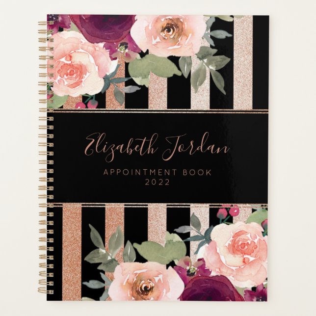 Cute Floral Black Rose Gold Glitter Planner (Front)