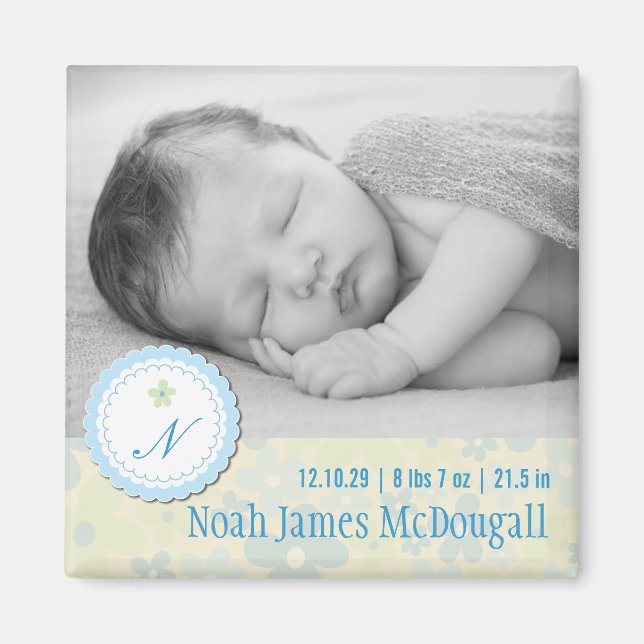 Cute Floral Blue Daisies Birth Announcement Photo Magnet (Front)