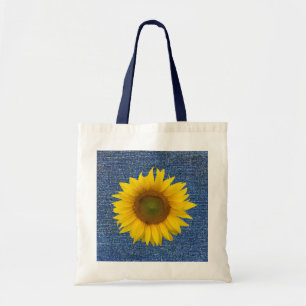 Cute Floral Blue Denim Look Yellow Sunflower Tote Bag