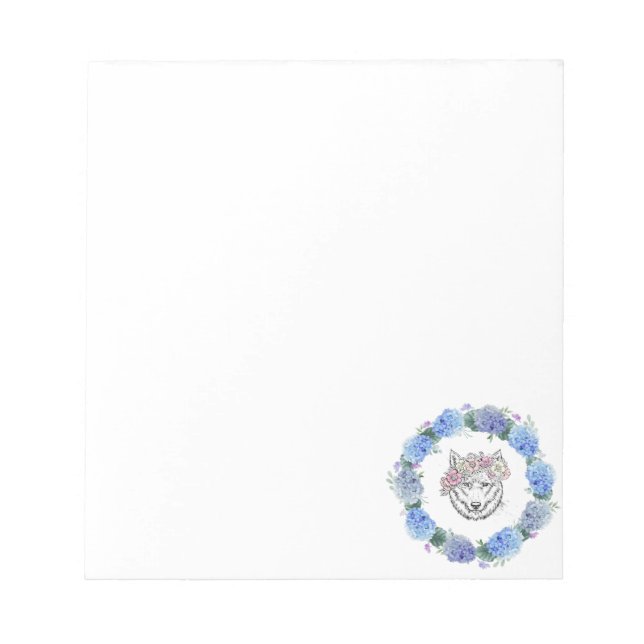 Cute Floral Blue Hydrangea Wolf Design Notepad (Front)