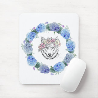 Cute Floral Blue Hydrangea Wolf Mousepad