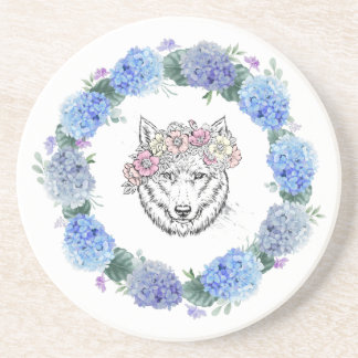 Cute Floral Blue Hydrangea Wolf Sandstone Coaster