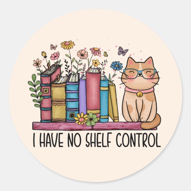 Cute Floral Books and Cat Classic Round Sticker (Front)