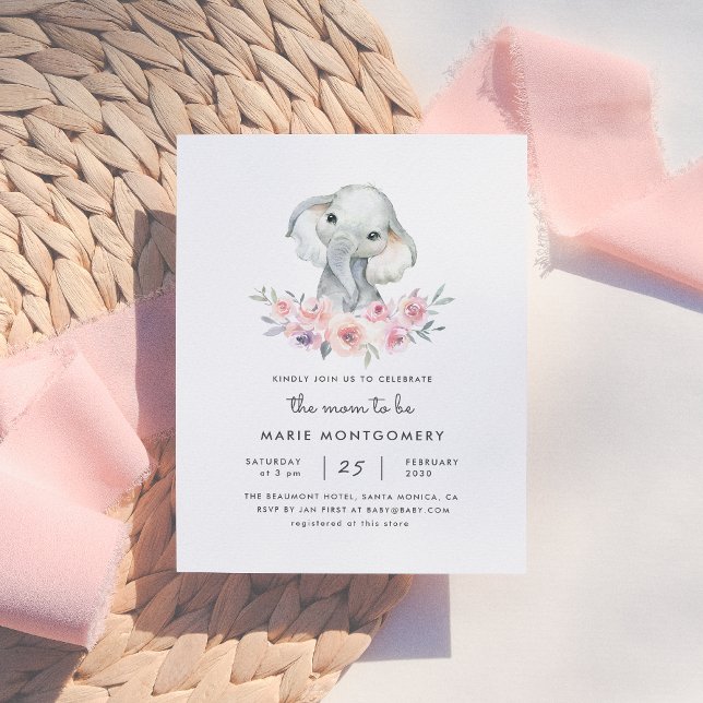 Cute Floral Bouquet Elephant Baby Girl Baby Shower Invitation Postcard (Creator Uploaded)