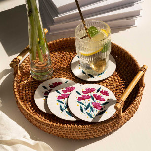Cute floral bouquet - magenta and teal round paper coaster