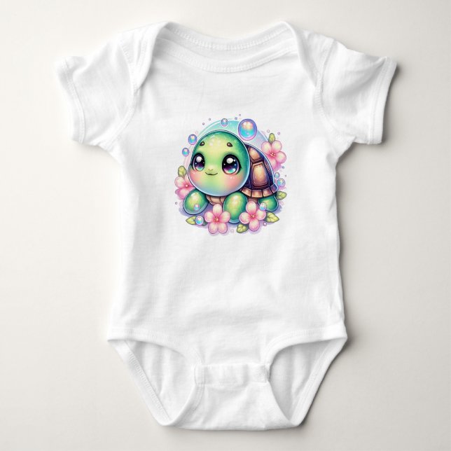 Cute Floral Bubbly Turtle Baby Bodysuit (Front)