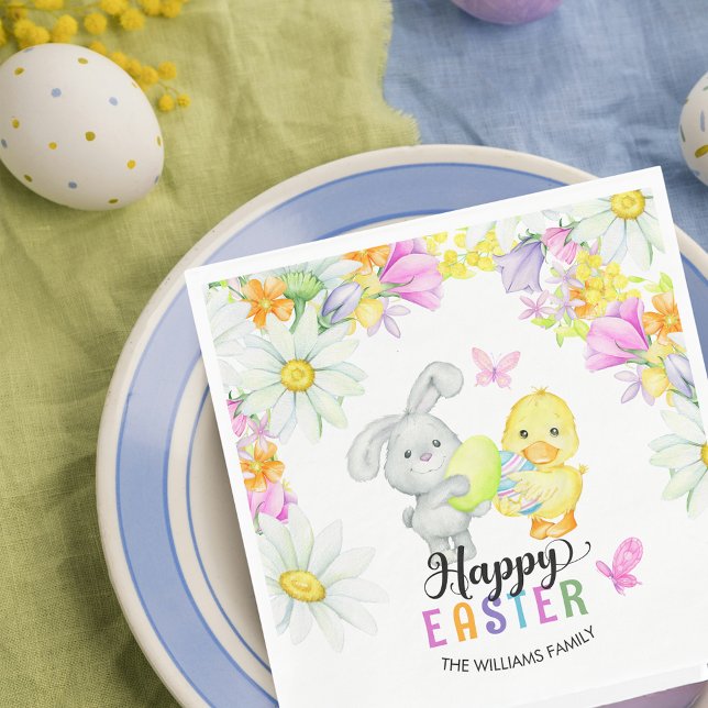 Cute Floral Bunny & Chick Easter Egg Hunt & Brunch Napkin (Creator Uploaded)