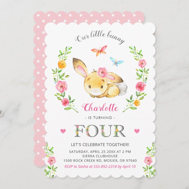 Cute Floral Bunny Girl 4th Fourth 4 Birthday Party Invitation (Front/Back)