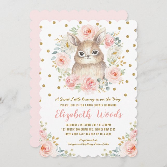 Cute Floral Bunny Girl Baby Shower Blush Pink Gold Invitation (Front/Back)