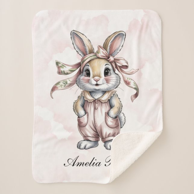 Cute Floral Bunny Girl Baby Shower Welcome Sign Sherpa Blanket (Front)