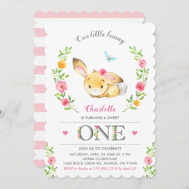 Cute Floral Bunny Girls 1st First Birthday Party Invitation (Front/Back)