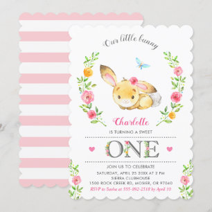 Cute Floral Bunny Girls 1st First Birthday Party Invitation