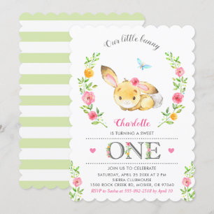 Cute Floral Bunny Girls 1st First Birthday Party Invitation