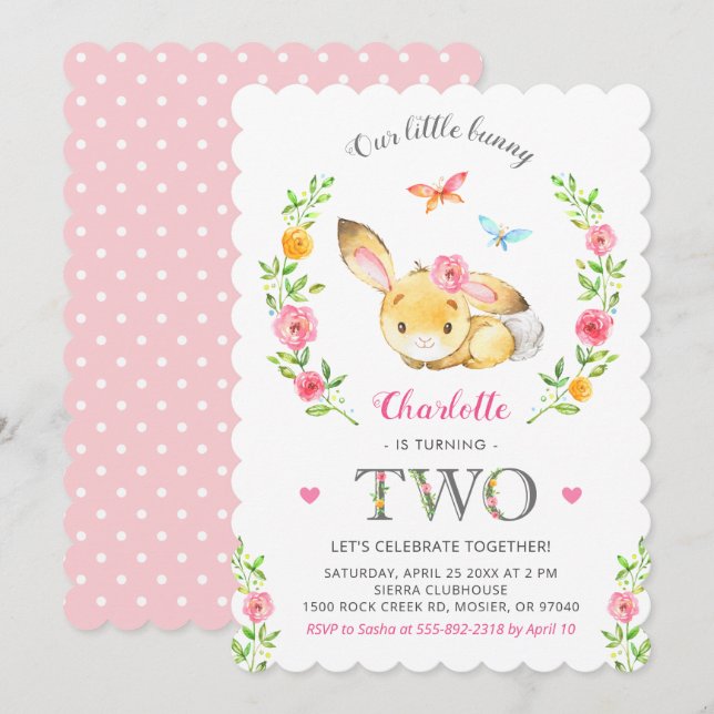 Cute Floral Bunny Girls 2nd Second Birthday Party Invitation (Front/Back)