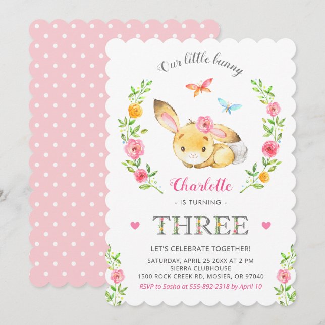 Cute Floral Bunny Girls 3rd Third Birthday Party Invitation (Front/Back)