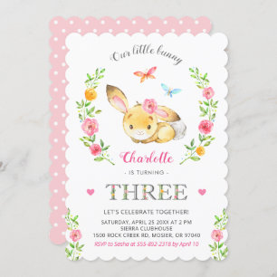 Cute Floral Bunny Girls 3rd Third Birthday Party Invitation