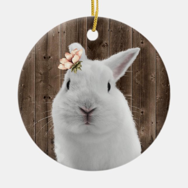 Cute Floral Bunny White Rabbit Barn Wood Ceramic Ornament (Front)