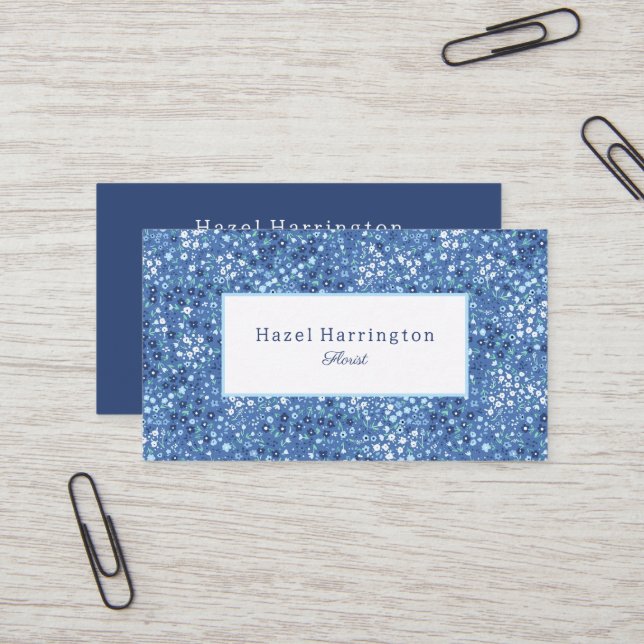 Cute Floral Business Card Customisable Blues (Front/Back In Situ)