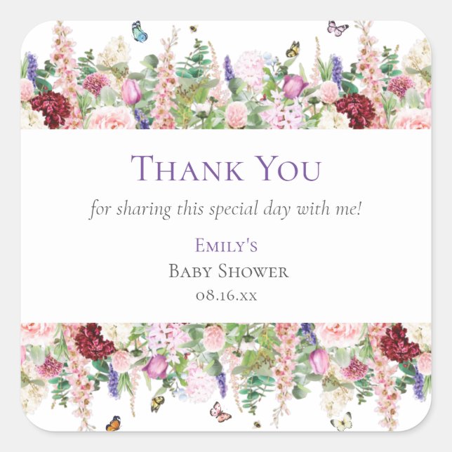 Cute Floral & Butterflies Thank You Baby Shower Square Sticker (Front)
