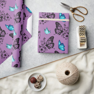 Cute Floral Butterfly Pattern Lavender Wrapping Paper