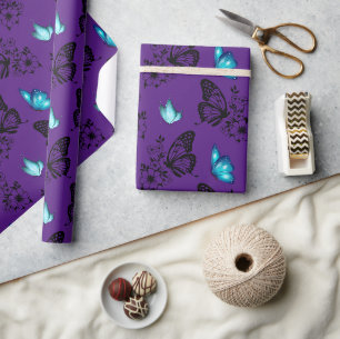 Cute Floral Butterfly Pattern Purple Wrapping Paper