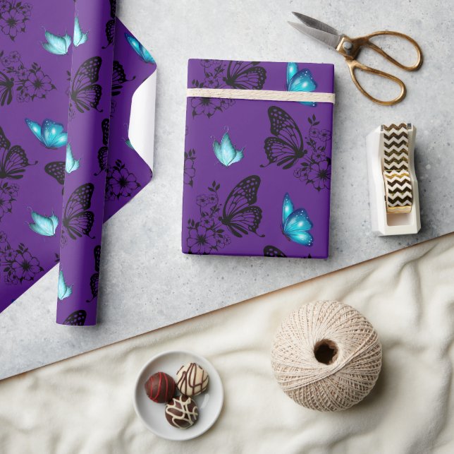Cute Floral Butterfly Pattern Purple Wrapping Paper (Crafts)